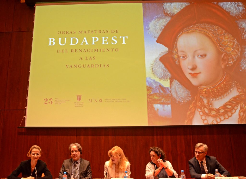 Presentación de la exposición "Obras Maestras de Budapest". De Izquierda a derecha Enikő Győri, László Baán, Baronesa Carmen Thyssen-Bornemisza, Mar Borobia y Guillermo Solana.